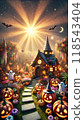 Magical pumpkin house and halloween garden illuminated by autumn lights 118543404