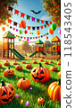 Halloween park with flags waving under the blue sky. Amusement park festival decorated with jack-o'-lanterns and ghosts. 118543405