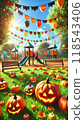 A park decorated with jack-o'-lanterns and colorful flags 118543406