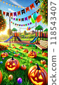 Halloween park decorated with jack-o-lanterns and colorful flags 118543407