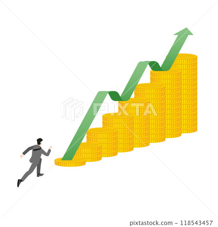 Businessman running toward a rising stack of golden coins, represent the upward trend of financial prosperity, business growth, and currency strength in the modern global economy and stock market 118543457