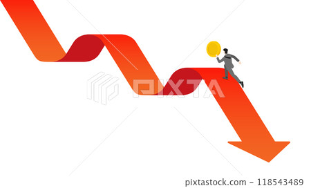 A businessman running in the opposite direction of a downward red arrow while holding a coin, investment challenges and economic decline, illustrating the need for careful financial management A businessman running in the opposite direction of a downward red arrow while holding a coin, investment challenges and economic decline, illustrating the need for careful financial management 118543489