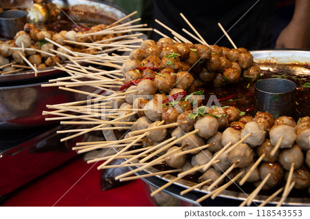 Grilled meatballs with dipping sauce, Thai street food that is famous all over the world. 118543553