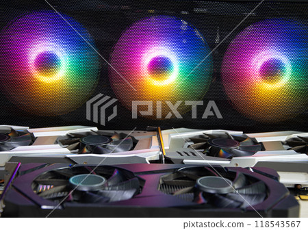 Powerful video graphic card close up, GPU coolers in computer 118543567