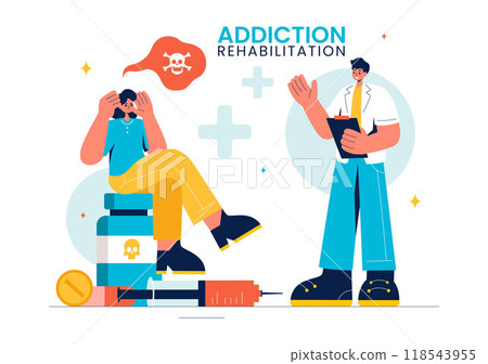 Addiction Rehabilitation Vector Illustration featuring an Inpatient Drug Rehab Center, Treatment Methods, and the Stabilization of Medical Conditions Addiction Rehabilitation Vector Illustration featuring an Inpatient Drug Rehab Center, Treatment Methods, and the Stabilization of Medical Conditions 118543955