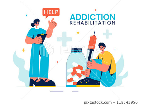 Addiction Rehabilitation Vector Illustration featuring an Inpatient Drug Rehab Center, Treatment Methods, and the Stabilization of Medical Conditions Addiction Rehabilitation Vector Illustration featuring an Inpatient Drug Rehab Center, Treatment Methods, and the Stabilization of Medical Conditions 118543956