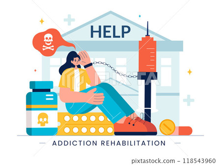 Addiction Rehabilitation Vector Illustration featuring an Inpatient Drug Rehab Center, Treatment Methods, and the Stabilization of Medical Conditions 118543960