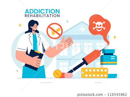 Addiction Rehabilitation Vector Illustration featuring an Inpatient Drug Rehab Center, Treatment Methods, and the Stabilization of Medical Conditions Addiction Rehabilitation Vector Illustration featuring an Inpatient Drug Rehab Center, Treatment Methods, and the Stabilization of Medical Conditions 118543962