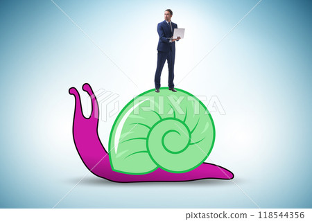 Businessman with snail in slow business concept Businessman with snail in slow business concept 118544356