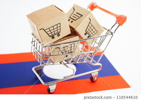 Online shopping, Shopping cart box on Laos flag, import export, finance commerce. Online shopping, Shopping cart box on Laos flag, import export, finance commerce. 118544610