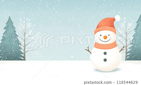A cheerful snowman stands in serene park, surrounded by trees dusted with snow, creating magical winter scene. gentle snowfall adds to peaceful atmosphere 118544629