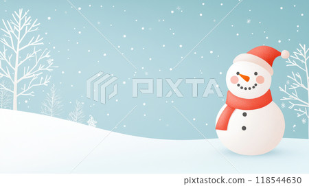 A cheerful snowman stands in serene winter landscape, surrounded by gently falling snowflakes and frosted trees. scene captures essence of peaceful winter day 118544630
