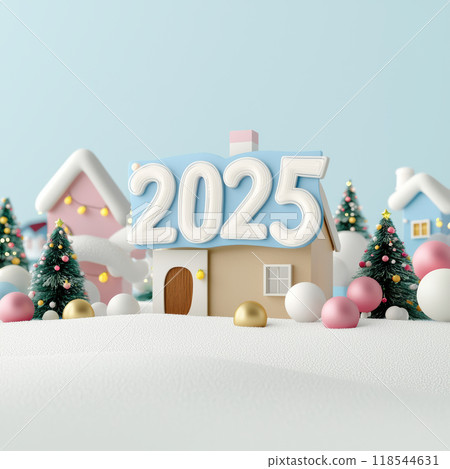 A charming winter scene featuring cozy house adorned with year 2025, surrounded by festive decorations, colorful trees, and playful ornaments, evoking joyful holiday spirit 118544631