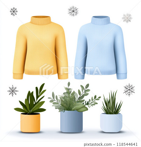 Cozy sweaters in yellow and blue are displayed alongside stylish potted plants, creating warm winter fashion vibe. Perfect for seasonal refresh! Cozy sweaters in yellow and blue are displayed alongside stylish potted plants, creating warm winter fashion vibe. Perfect for seasonal refresh! 118544641