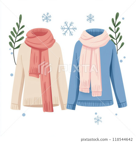 Cozy sweaters in stylish winter fashion, featuring soft textures and warm colors, perfect for chilly days. display includes beige sweater with red scarf and blue sweater with pink scarf, surrounded by Cozy sweaters in stylish winter fashion, featuring soft textures and warm colors, perfect for chilly days. display includes beige sweater with red scarf and blue sweater with pink scarf, surrounded by 118544642