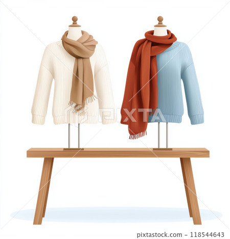 Cozy sweaters displayed on wooden table, featuring white sweater with beige scarf and blue sweater with red scarf, perfect for stylish winter fashion Cozy sweaters displayed on wooden table, featuring white sweater with beige scarf and blue sweater with red scarf, perfect for stylish winter fashion 118544643
