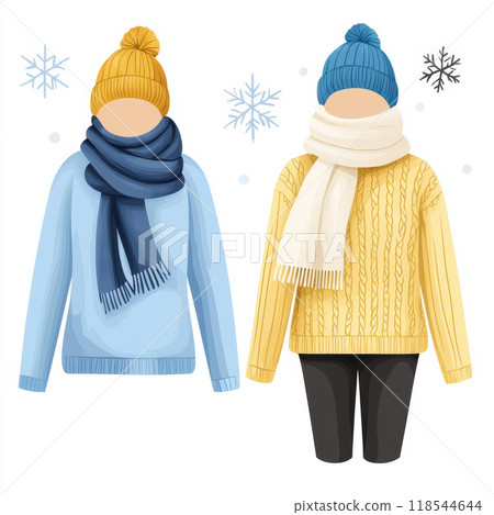 Cozy sweaters and stylish winter fashion display featuring two figures in warm attire, perfect for chilly weather. scene evokes sense of comfort and seasonal charm Cozy sweaters and stylish winter fashion display featuring two figures in warm attire, perfect for chilly weather. scene evokes sense of comfort and seasonal charm 118544644