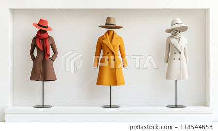 Stylish winter fashion display featuring three elegant mannequins dressed in vibrant coats and accessories. warm colors and chic designs create cozy, inviting atmosphere 118544653