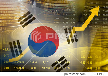 South Korea flag with stock market finance, economy trend graph digital technology. 118544935