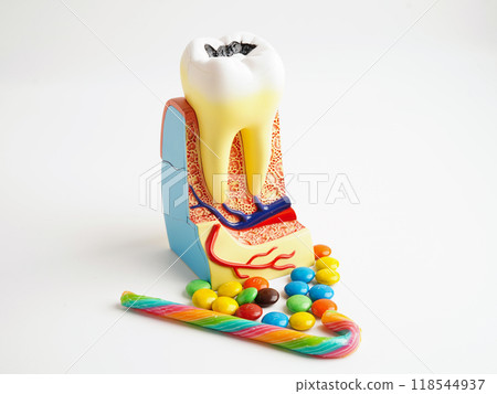 Tooth decay with sweet sugar candy, bad food for dental health care. 118544937