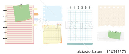 Memo notes, paper for note with clip, postit. Planner notebook page. Idea list. Post note sticker. Quote frame, reminder. 118545273