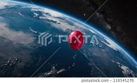 Helium balloon in outer space flying far away from the planet Earth, generative ai 118545276