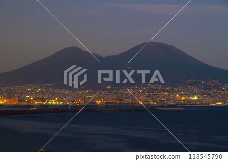Night view of Mount Vesuvius from the rooftop of Santa Lucia in Naples, Campania, Italy, Southern Europe Night view of Mount Vesuvius from the rooftop of Santa Lucia in Naples, Campania, Italy, Southern Europe 118545790