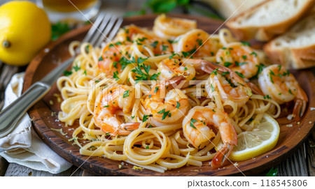 Lemon Garlic Shrimp Linguine with linguine, succulent shrimp, and zesty lemon garlic butter sauce 118545806