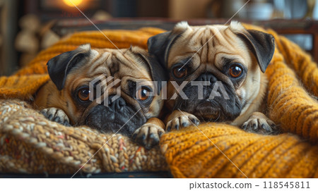 Cozy cafe with Pugs lounging on cushions, eagerly awaiting treats from friendly baristas Cozy cafe with Pugs lounging on cushions, eagerly awaiting treats from friendly baristas 118545811
