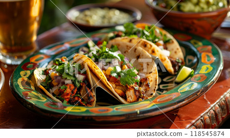 Upscale Mexican Taco Fiesta with grilled chicken, carne asada, and al pastor tacos 118545874