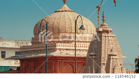 Close-Up View on Rojgareshwar Temple Mahadev Mandir, Chhoti Chopad, Jaipur. Government Removed Temple At Time Of Metro Station Construction But Due Huge Outrage From Public, Temple Was Rebuilt. It Is 118546152