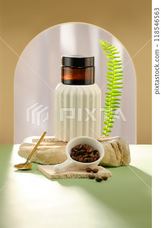 Cosmetic advertising mock up photo was taken from front view, an amber cream jar without label placed on a white podium, white bowl contains coffee bean below Cosmetic advertising mock up photo was taken from front view, an amber cream jar without label placed on a white podium, white bowl contains coffee bean below 118546563