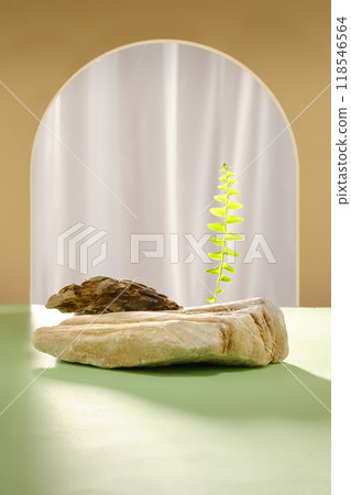 Template photo for advertisement, blank rock podium placed in center for product displaying, decorated with a green plant, many sunshine shining on. Front view, copy space for adding text 118546564