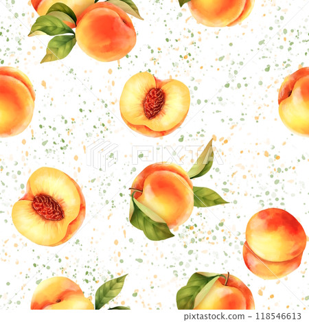 Seamless peach pattern with tropic fruits, leaves, flowers background. Hand-drawn illustration in watercolor style for summer cover, wallpaper, backdrop Seamless peach pattern with tropic fruits, leaves, flowers background. Hand-drawn illustration in watercolor style for summer cover, wallpaper, backdrop 118546613