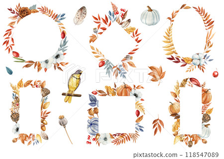 Set Elegant autumn frame with pumpkin, leaf, flower Isolated. Watercolor boho painting. Fall flora invitation, design Set Elegant autumn frame with pumpkin, leaf, flower Isolated. Watercolor boho painting. Fall flora invitation, design 118547089