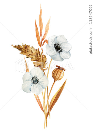 Boho composition with flowers and dry leaves isolated. Elegant autumn flora watercolor painting for design, poster, card Boho composition with flowers and dry leaves isolated. Elegant autumn flora watercolor painting for design, poster, card 118547092