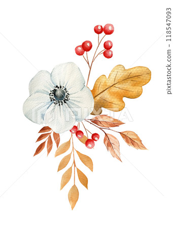 Boho Composition with anemones flowers and dry leaves isolated. autumn flora watercolor painting for design poster, card 118547093