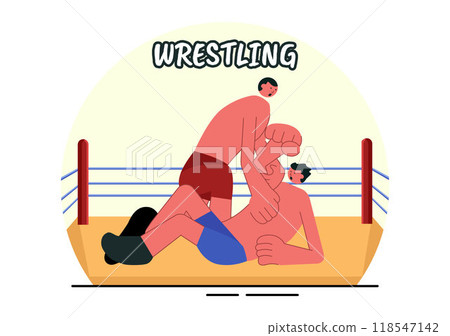 Wrestling Vector Illustration of Two Fighters in a Boxing Competition or Championship Match in an Arena in a Flat Style Cartoon Background Wrestling Vector Illustration of Two Fighters in a Boxing Competition or Championship Match in an Arena in a Flat Style Cartoon Background 118547142
