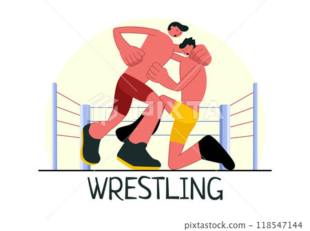 Wrestling Vector Illustration of Two Fighters in a Boxing Competition or Championship Match in an Arena in a Flat Style Cartoon Background 118547144