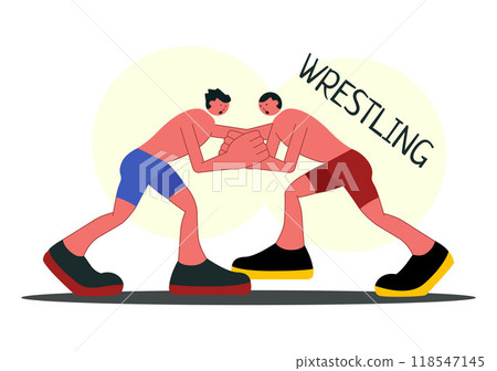 Wrestling Vector Illustration of Two Fighters in a Boxing Competition or Championship Match in an Arena in a Flat Style Cartoon Background Wrestling Vector Illustration of Two Fighters in a Boxing Competition or Championship Match in an Arena in a Flat Style Cartoon Background 118547145