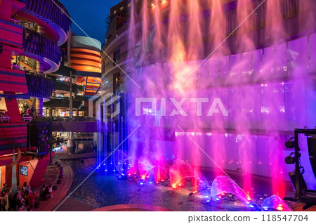 Dancing water show with light up at night in Sun Plaza, Fukuoka 118547704