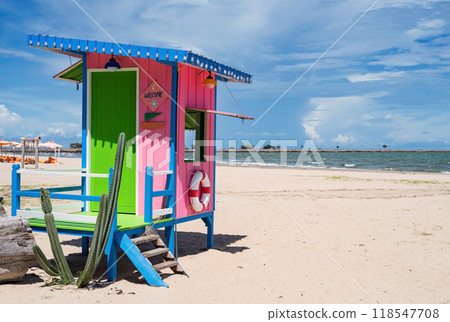 Colorful bay watch cabin on Cha Am beach in summer, Phetchaburi 118547708