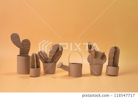 a group of cactus plants made out of toilet paper, concept art ,cardboard, watering can, pot, art project for kids, step by step instruction, a group of cactus plants made out of toilet paper, concept art ,cardboard, watering can, pot, art project for kids, step by step instruction, 118547717