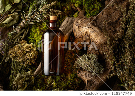 Vintage bottles with tinctures and various dried herbs. 118547749