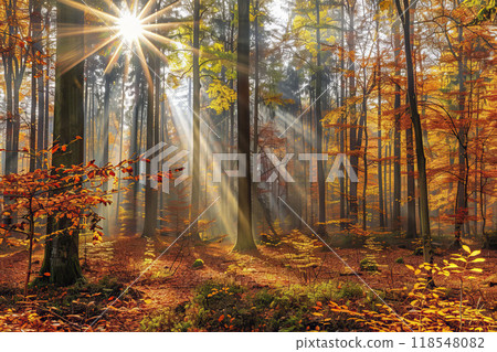 AI-generated item. Autumn forest with sunbeams. 118548082