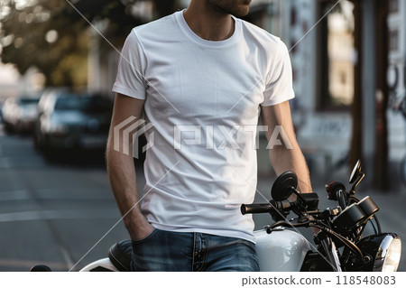 AI-generated item. Man in white t-shirt and jeans standing on a motorbike. 118548083
