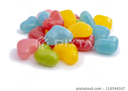 Multicolored jelly hearts candies or yummy sweets isolated on the white 118548167