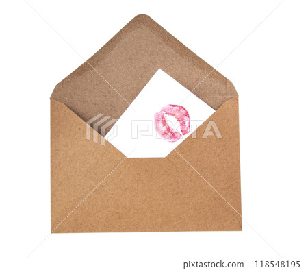 Craft envelope with lip kiss track isolated on the white 118548195