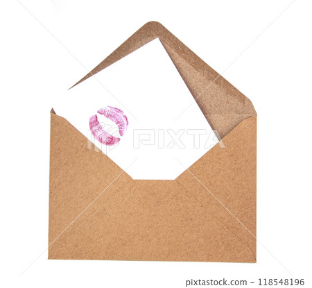 Craft envelope with lip kiss track isolated on the white 118548196