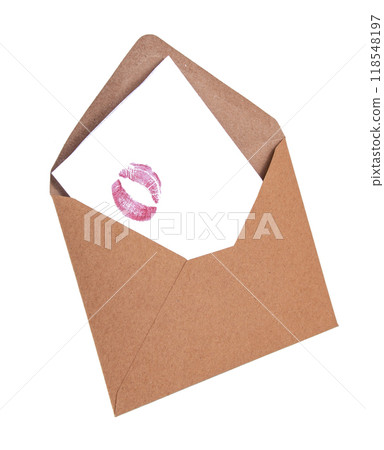 Craft envelope with lip kiss track isolated on the white 118548197